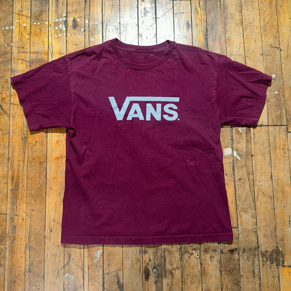 VANS T Shirt Youth Burgundy Graphic Logo Short Sleeve Classic Crew Neck Pullover